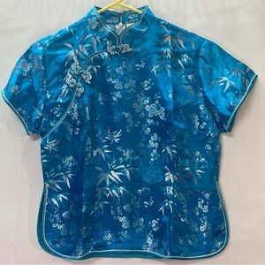 Vintage Silk Teal Silver Floral Cheongsam Top Asian XXL Modern S/M